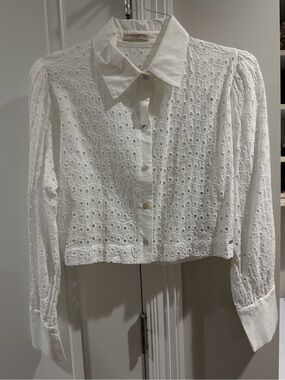 White Eyelet Button-Down Crop Shirt